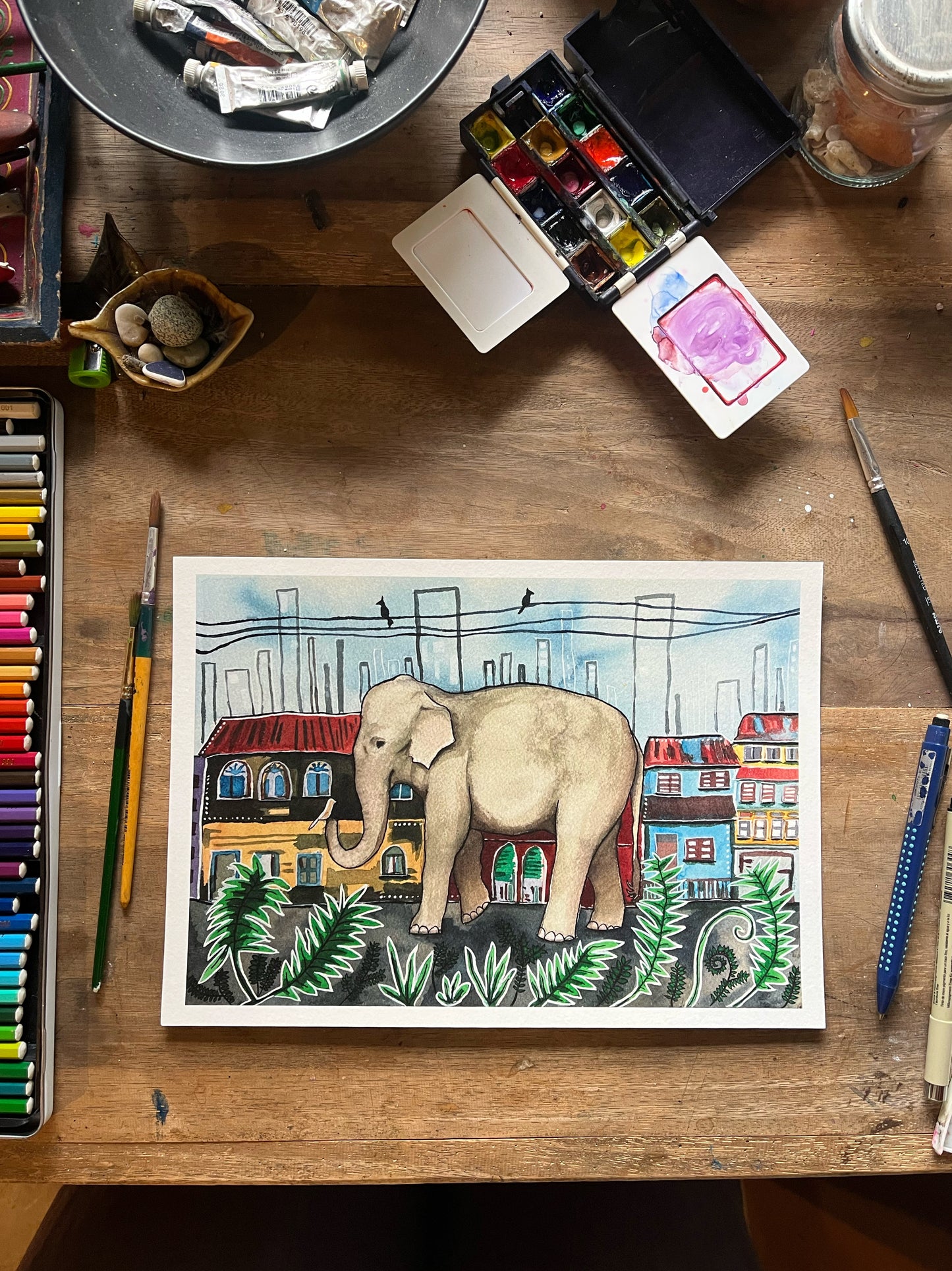 The Elephant Sees Change- Watercolor and Ink Giclee Print- Animal Illustration