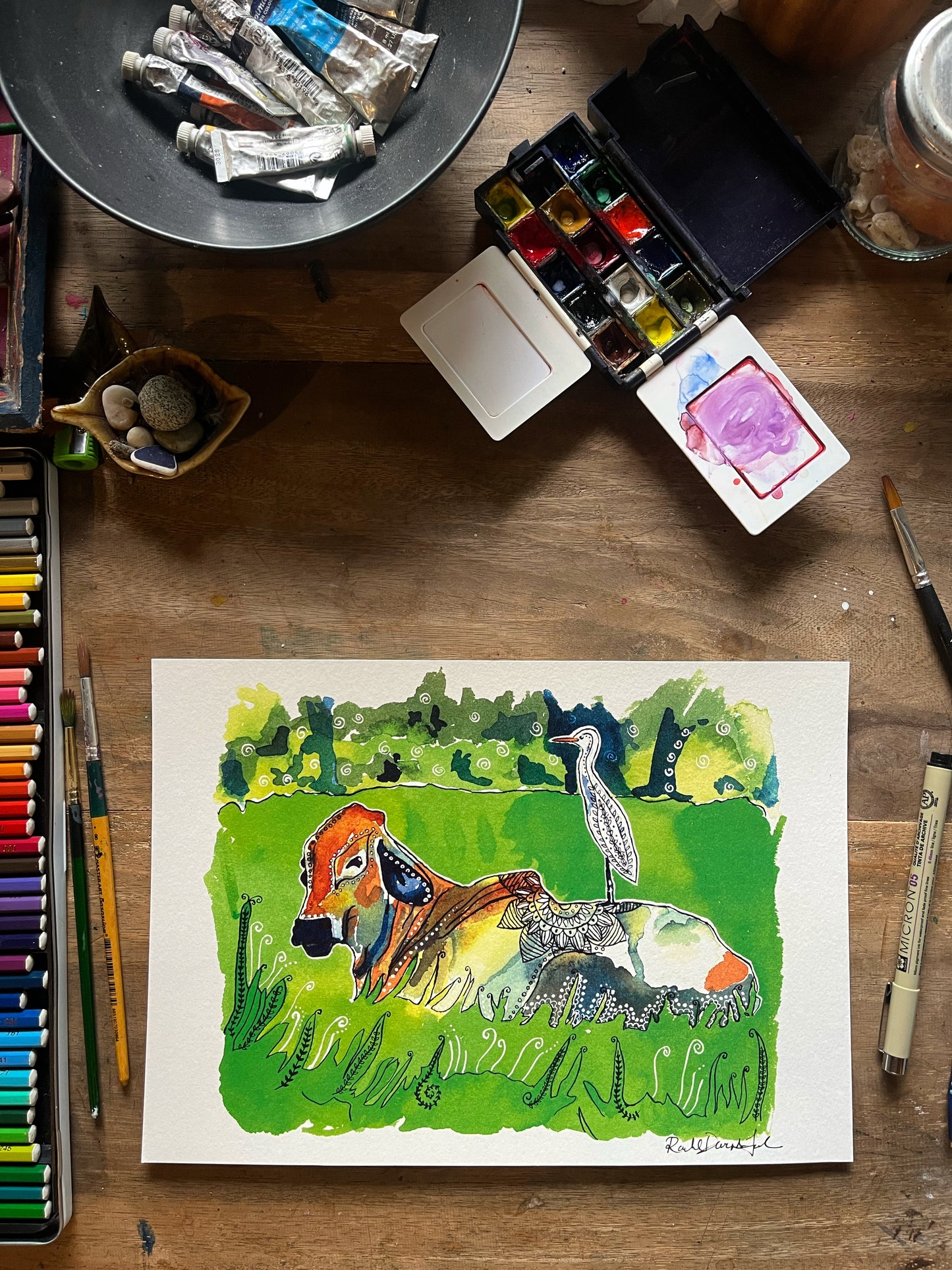 The Cow and the Egret- Watercolor and Ink Archival Print- Animal Illustration- Bird illustration