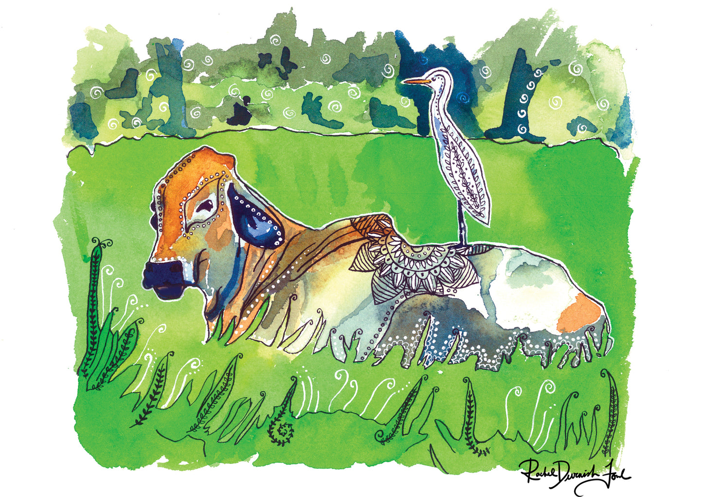 The Cow and the Egret- Watercolor and Ink Archival Print- Animal Illustration- Bird illustration