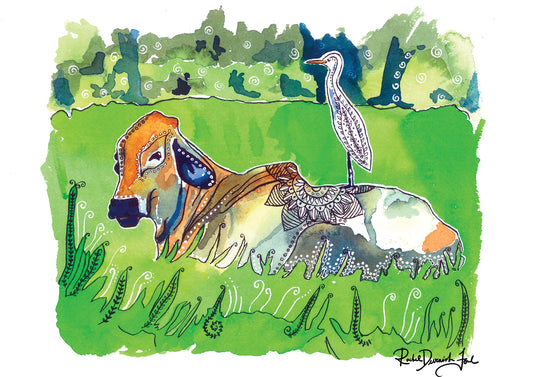 The Cow and the Egret- Watercolor and Ink Archival Print- Animal Illustration- Bird illustration