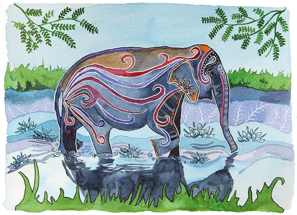 River Elephant: Watercolor and ink archival art print- animal illustration- giclee print
