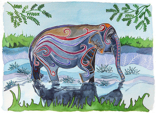 River Elephant: Watercolor and ink archival art print- animal illustration- giclee print