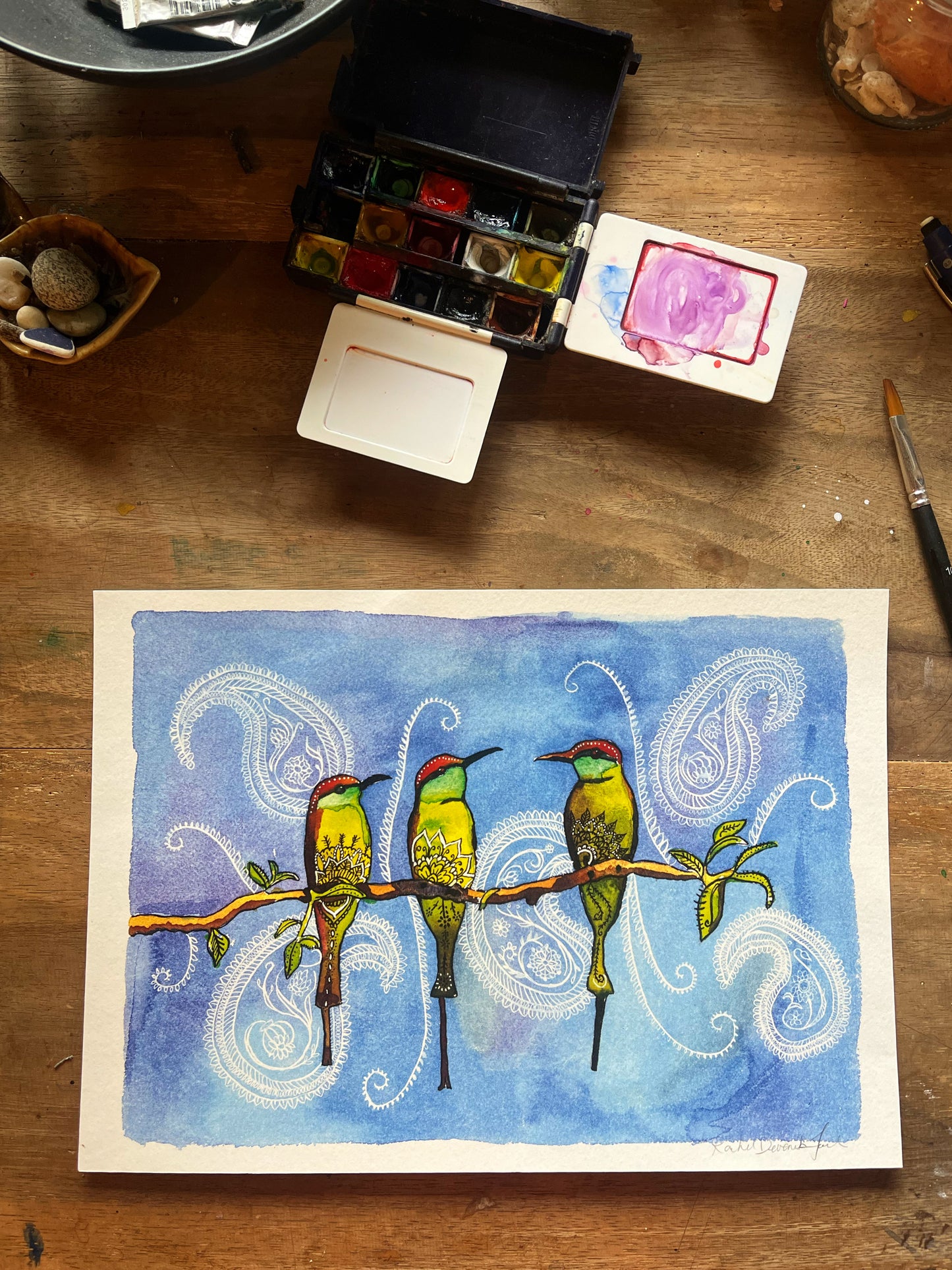 The Bee-eaters: Watercolor and Ink Archival Print- Bird Illustration- Giclee Print