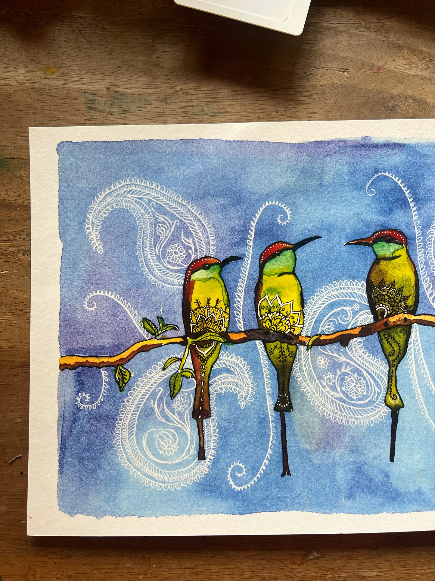 The Bee-eaters: Watercolor and Ink Archival Print- Bird Illustration- Giclee Print