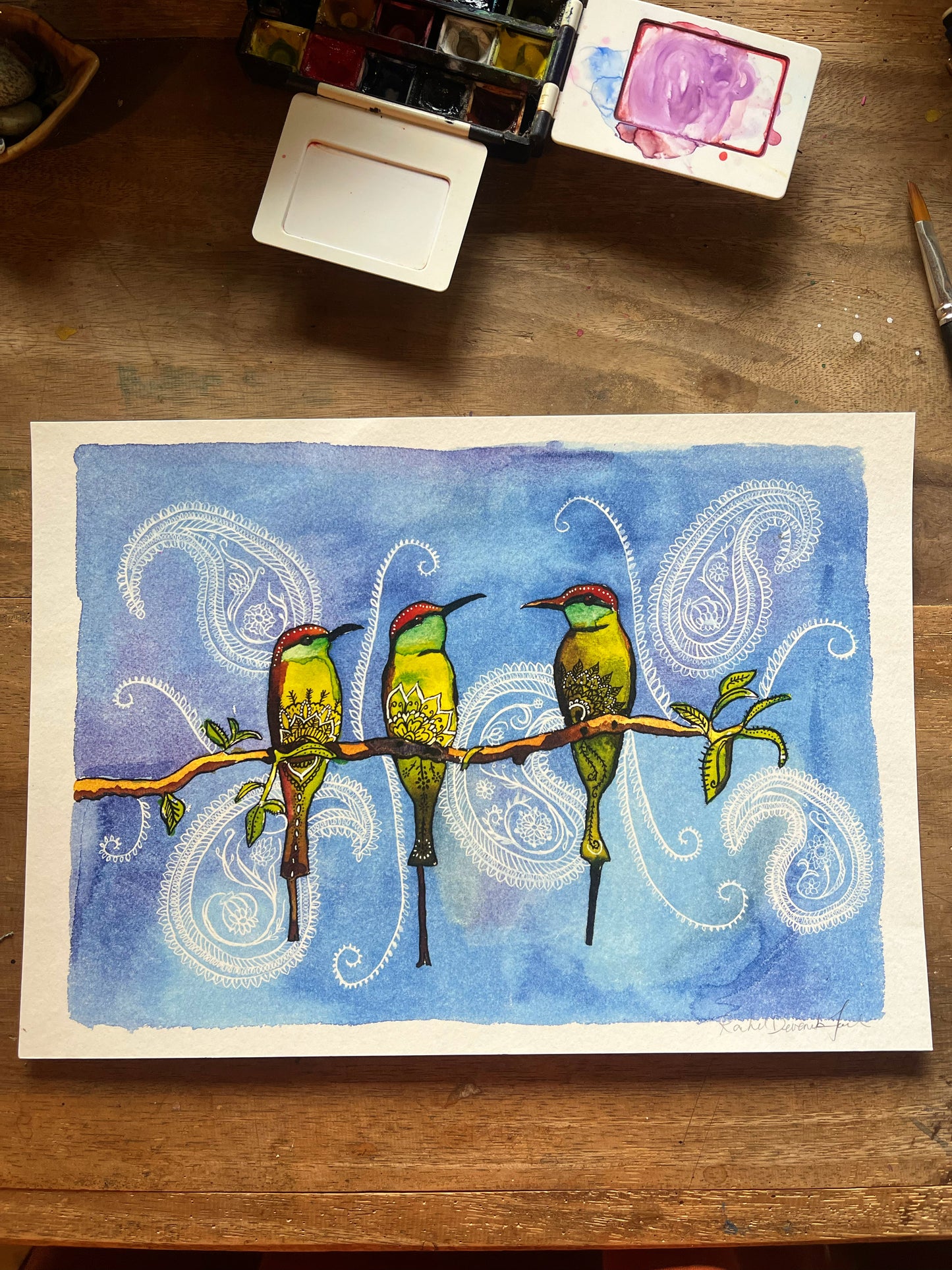 The Bee-eaters: Watercolor and Ink Archival Print- Bird Illustration- Giclee Print