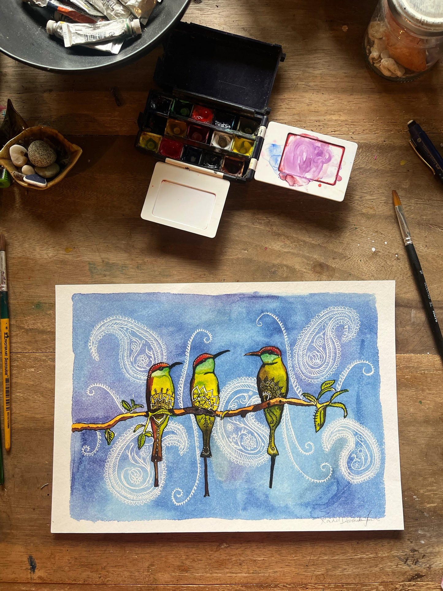 The Bee-eaters: Watercolor and Ink Archival Print- Bird Illustration- Giclee Print