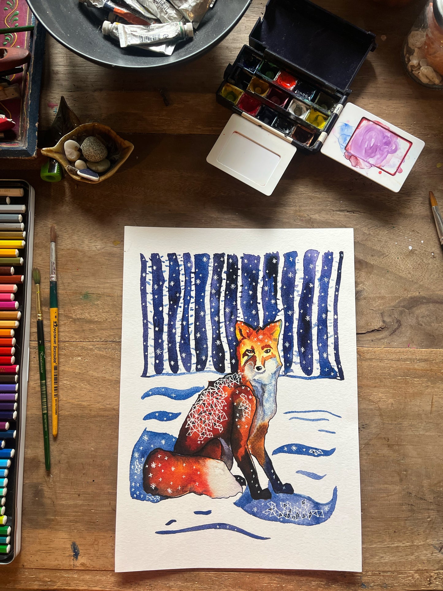 Fox in the Woods: Watercolor and ink archival art print- Animal illustration- Giclée print
