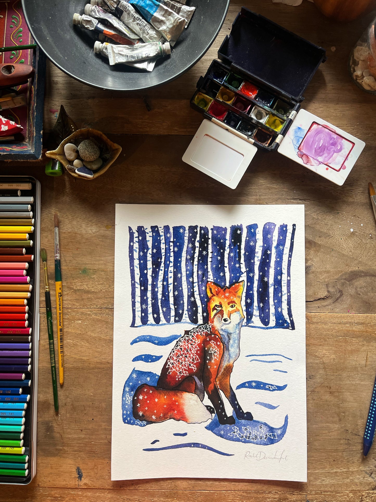 Fox in the Woods: Watercolor and ink archival art print- Animal illustration- Giclée print