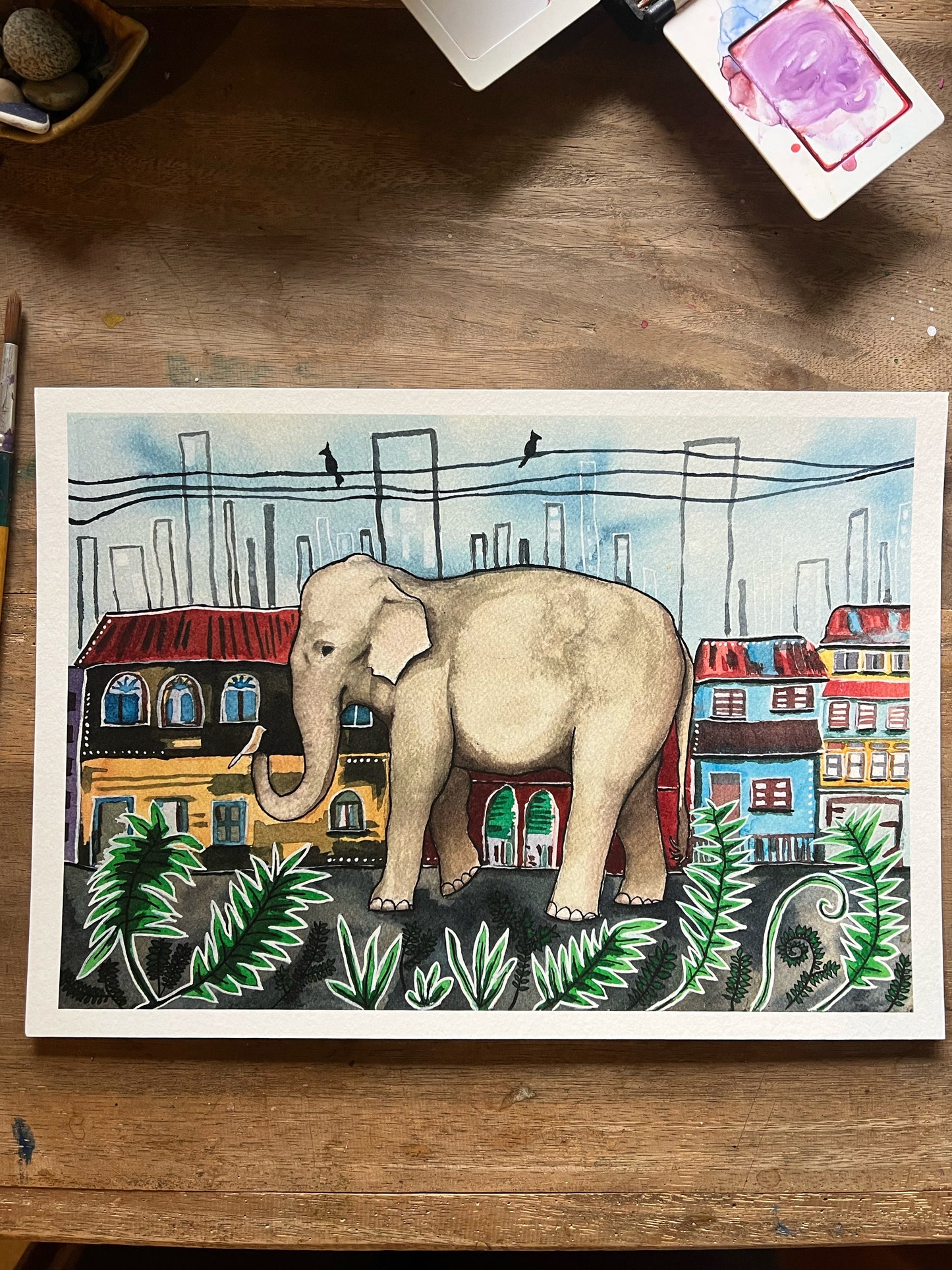 The Elephant Sees Change- Watercolor and Ink Giclee Print- Animal Illustration