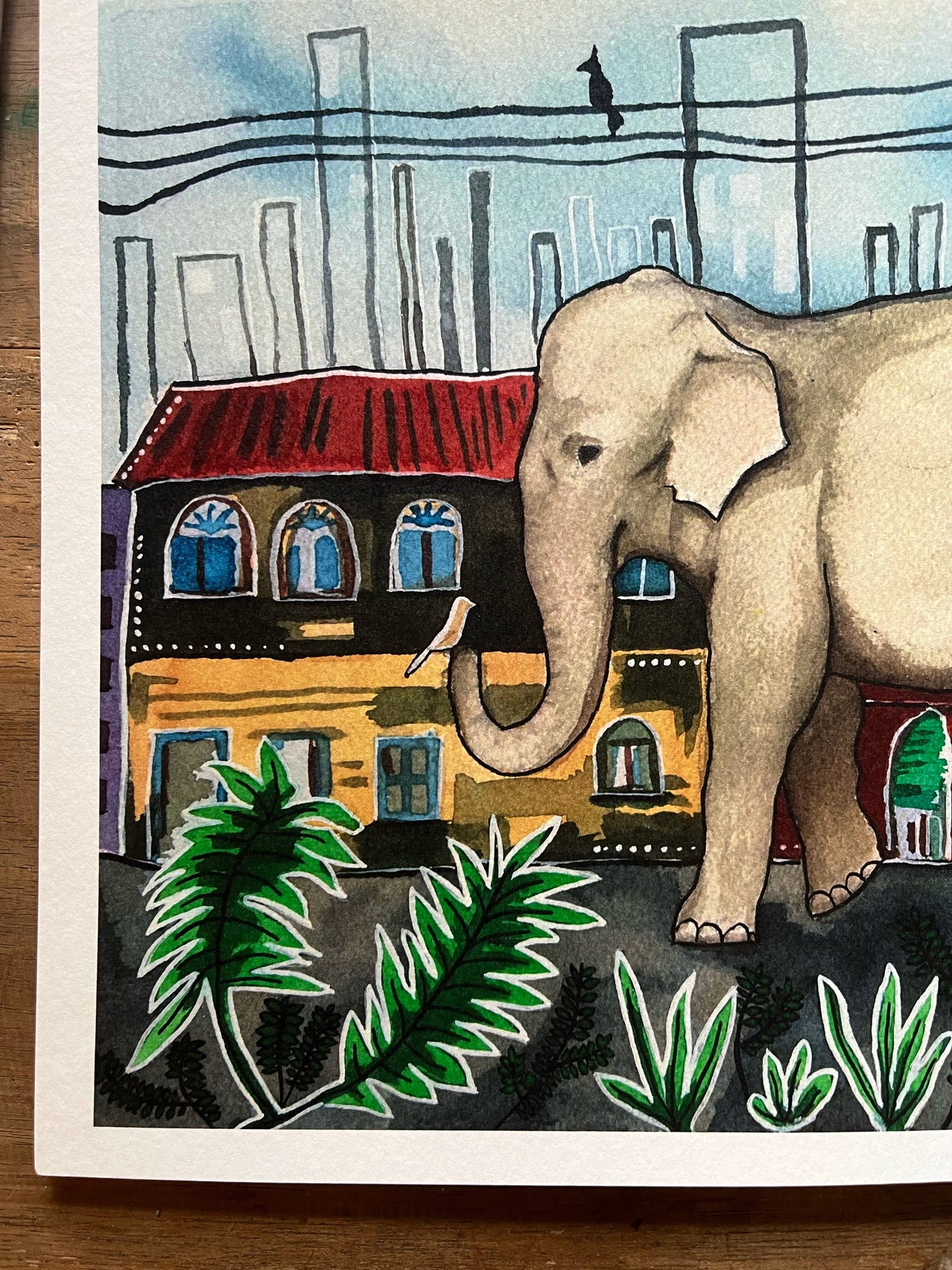 The Elephant Sees Change- Watercolor and Ink Giclee Print- Animal Illustration