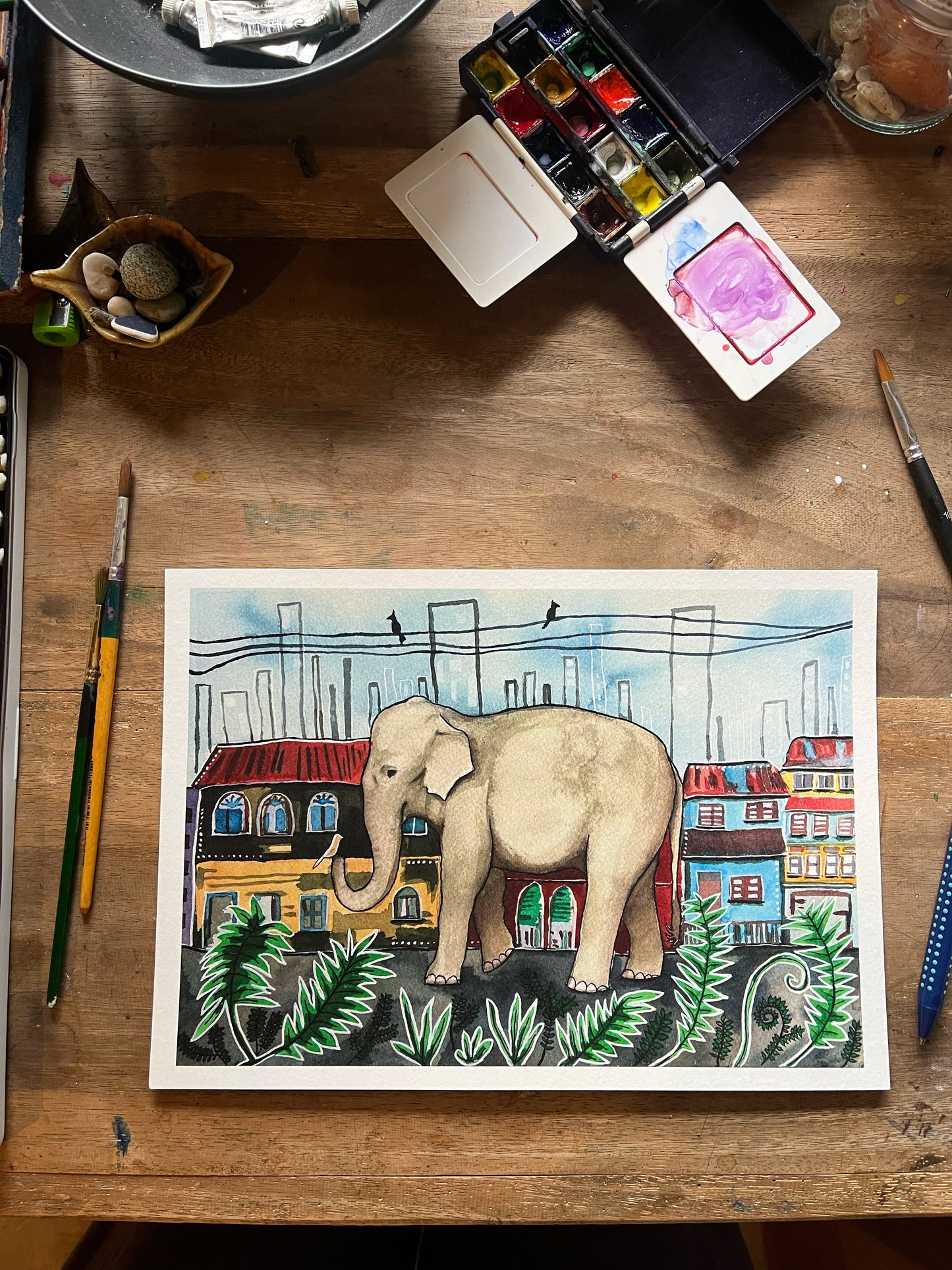 The Elephant Sees Change- Watercolor and Ink Giclee Print- Animal Illustration