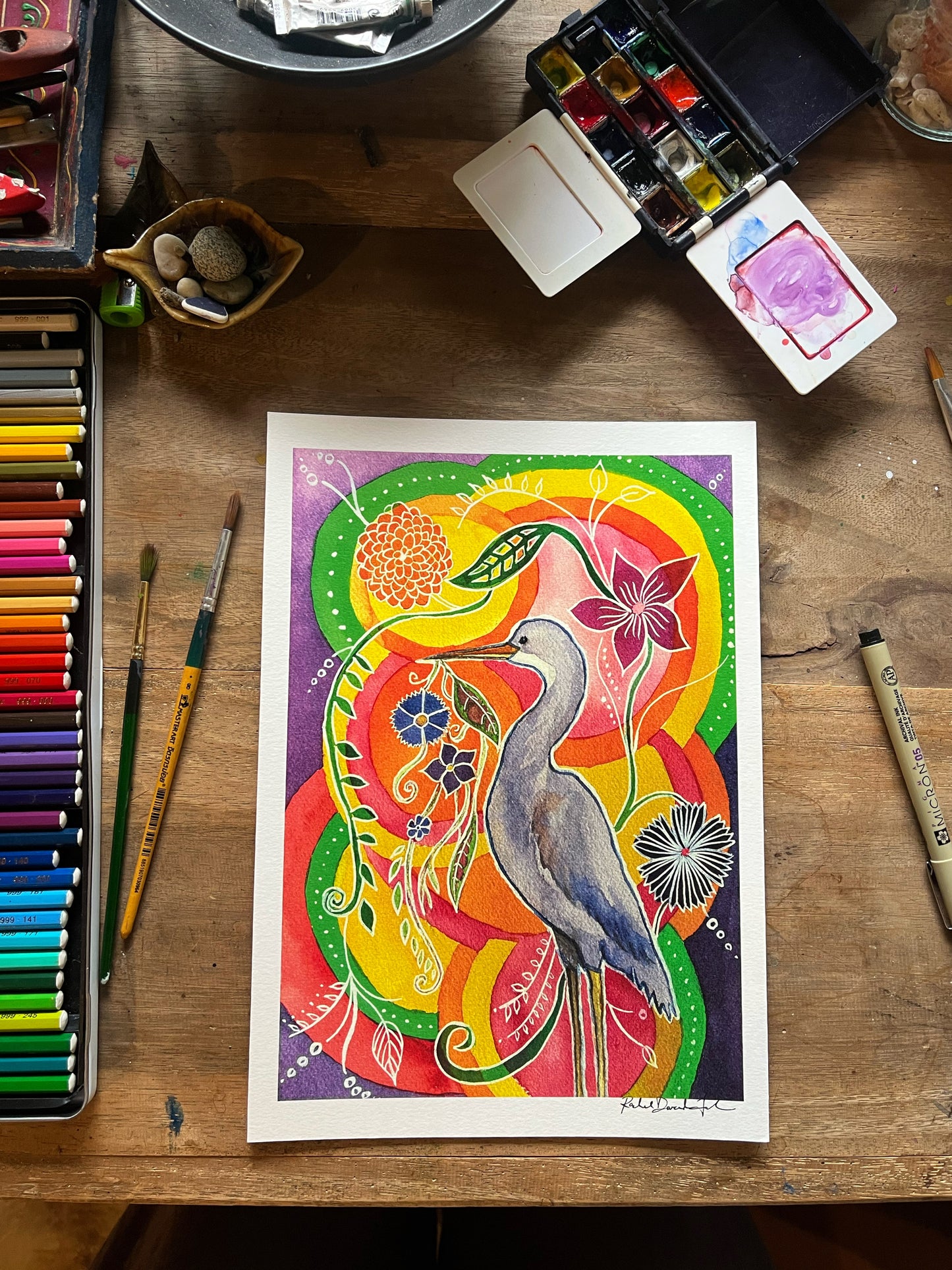 The Heron Dreams of Flowers - Watercolor and Ink Archival Print - Animal Illustration- Bird Illustration
