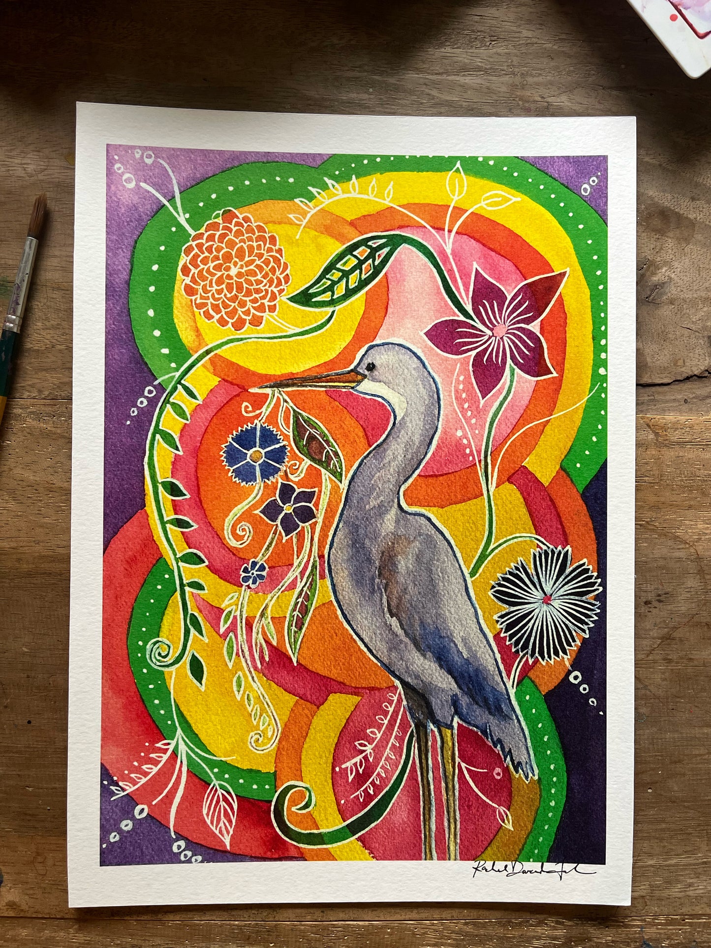 The Heron Dreams of Flowers - Watercolor and Ink Archival Print - Animal Illustration- Bird Illustration