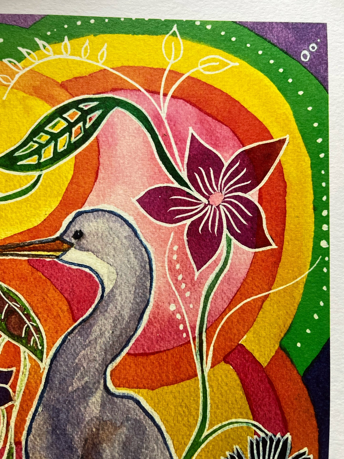 The Heron Dreams of Flowers - Watercolor and Ink Archival Print - Animal Illustration- Bird Illustration