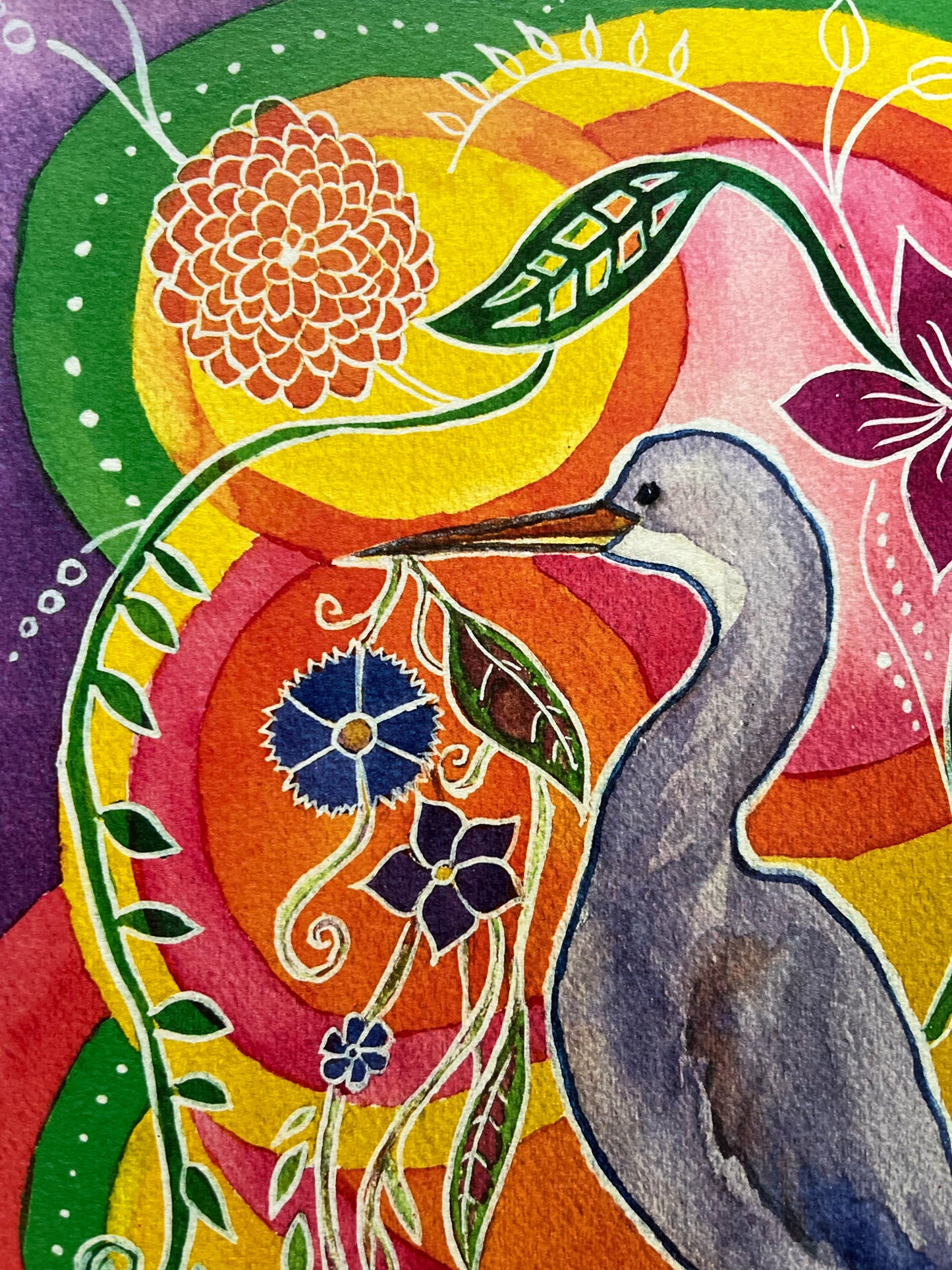 The Heron Dreams of Flowers - Watercolor and Ink Archival Print - Animal Illustration- Bird Illustration