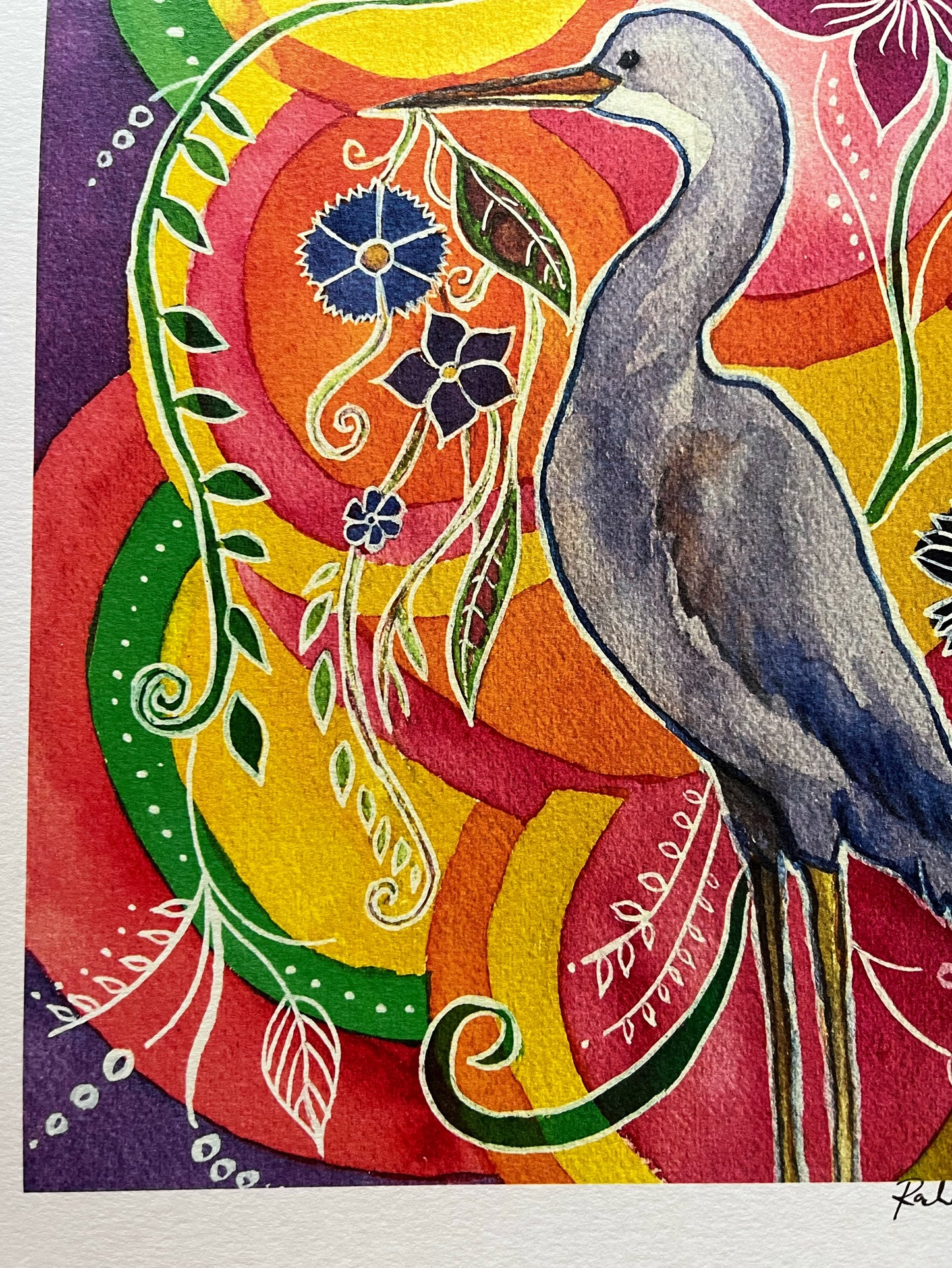 The Heron Dreams of Flowers - Watercolor and Ink Archival Print - Animal Illustration- Bird Illustration