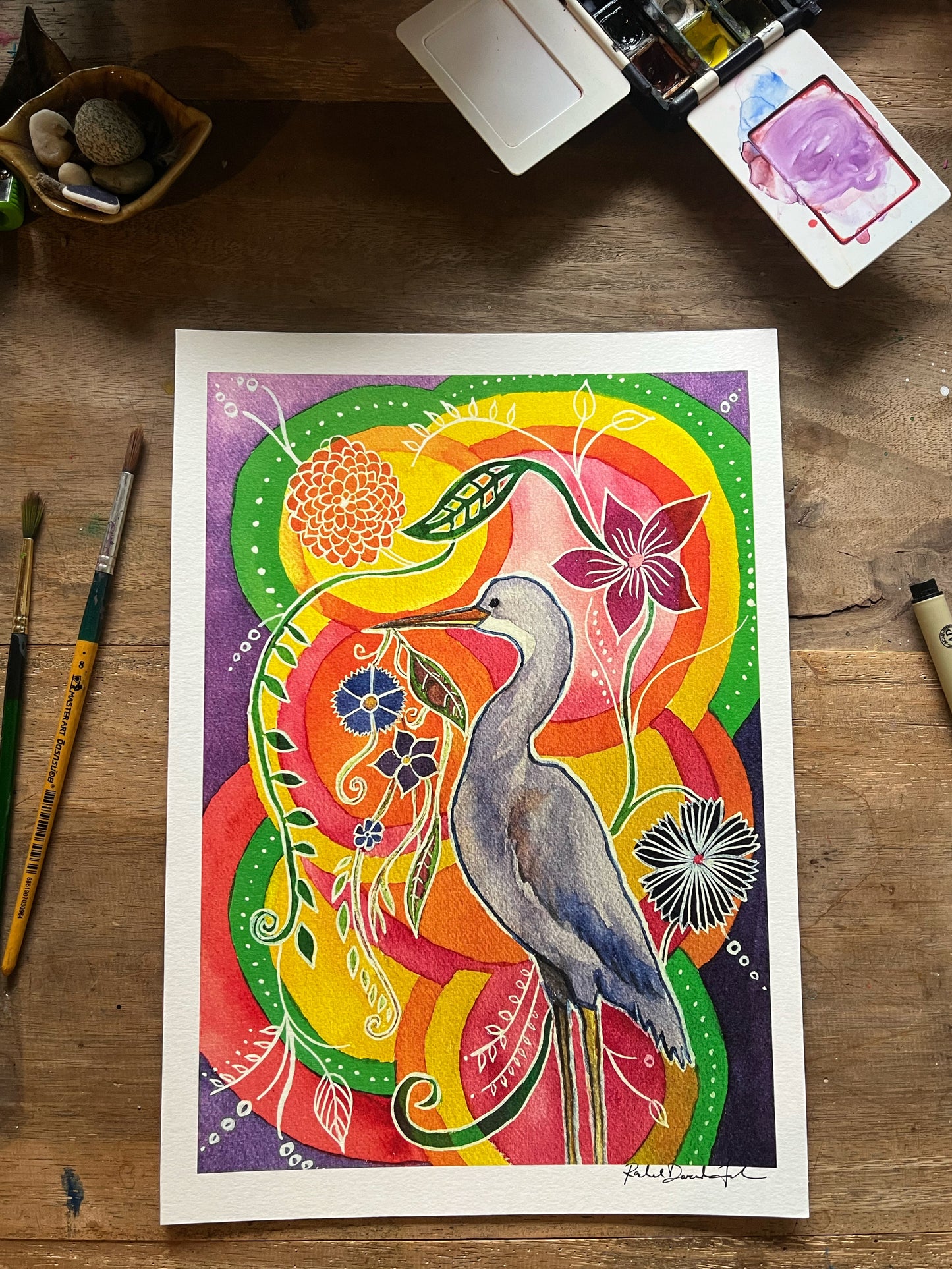 The Heron Dreams of Flowers - Watercolor and Ink Archival Print - Animal Illustration- Bird Illustration