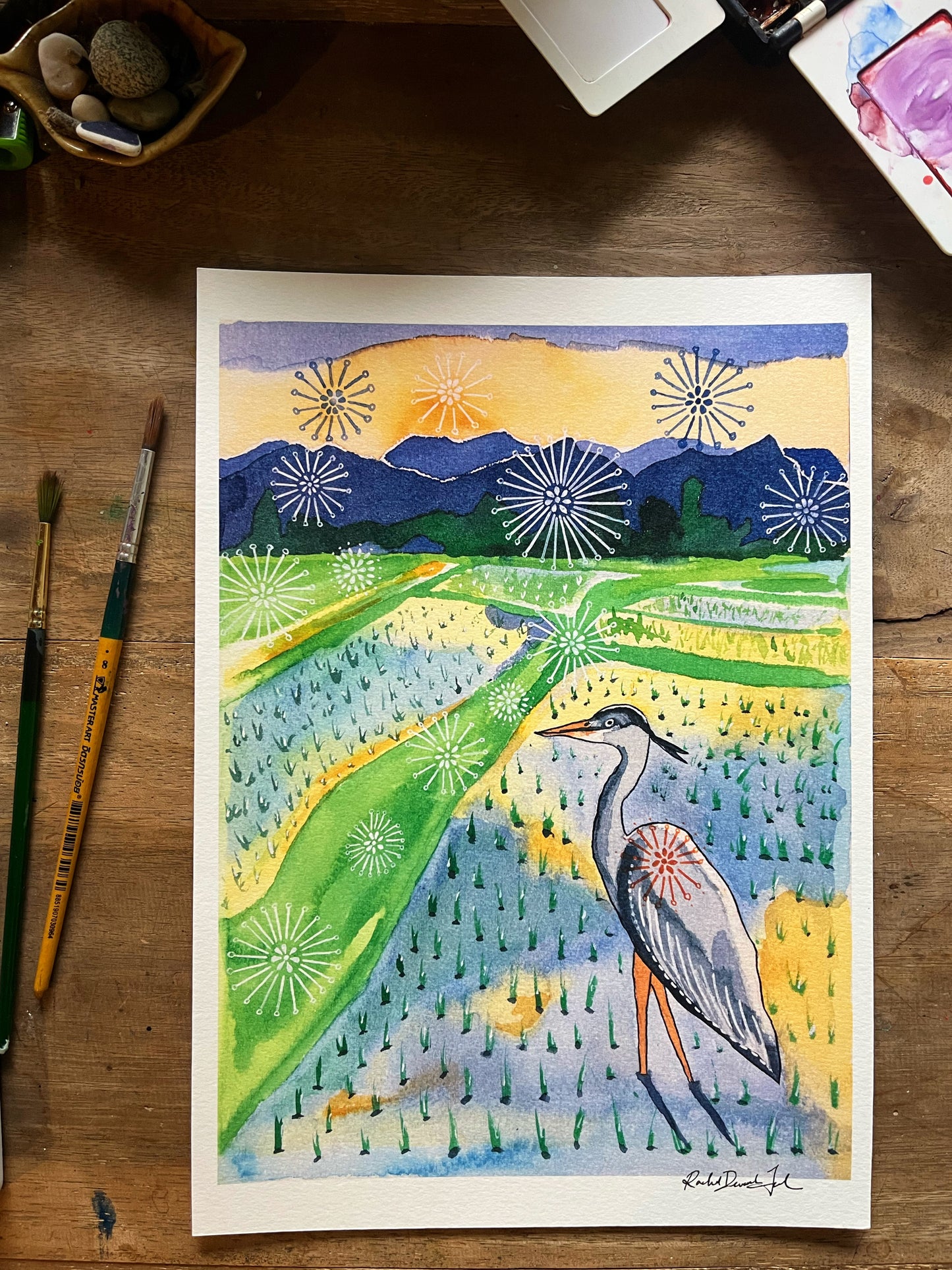 Grey Heron in Rice Field - Watercolor and Ink Archival Print- Animal Illustration- Bird Illustration