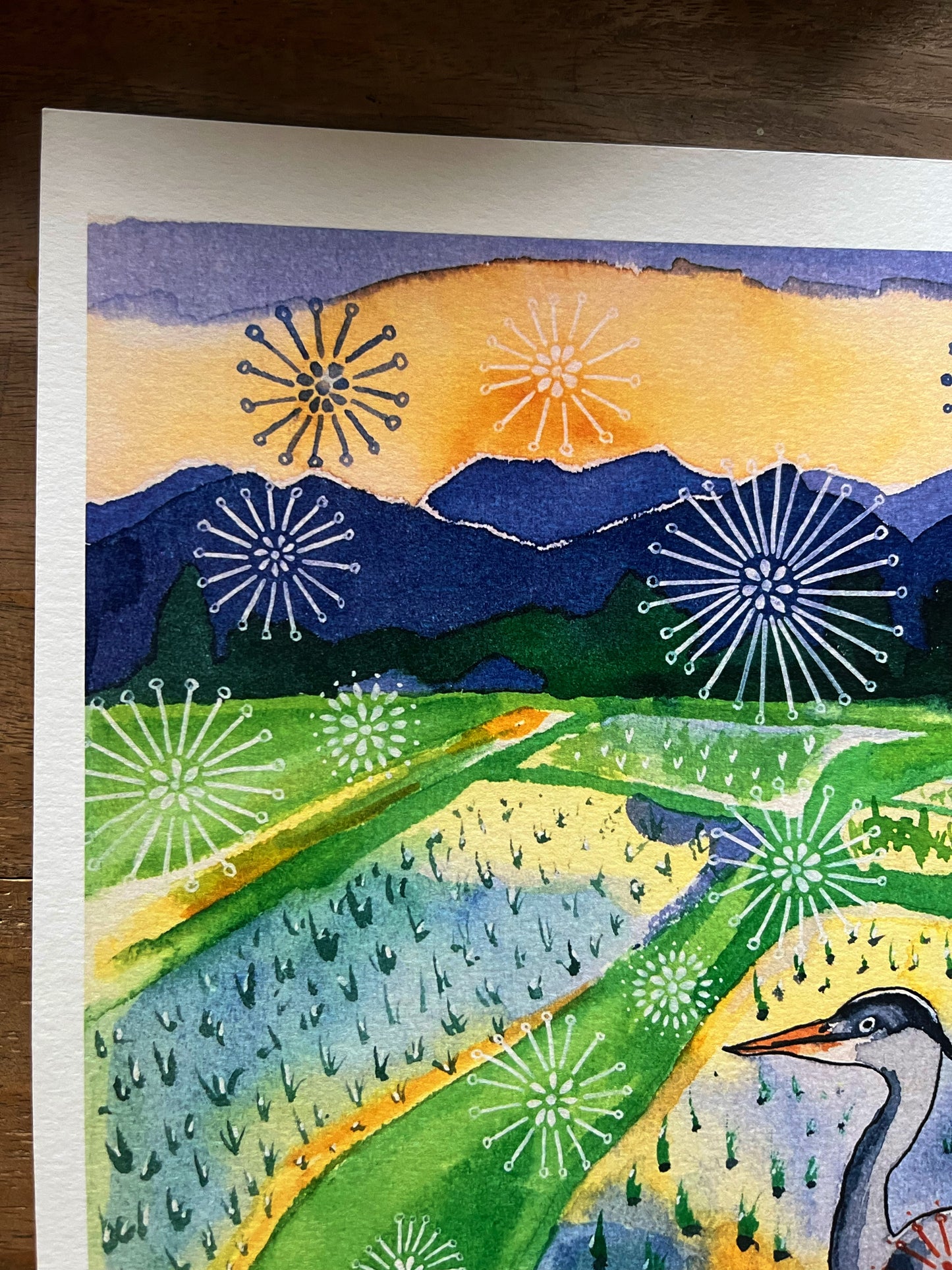 Grey Heron in Rice Field - Watercolor and Ink Archival Print- Animal Illustration- Bird Illustration