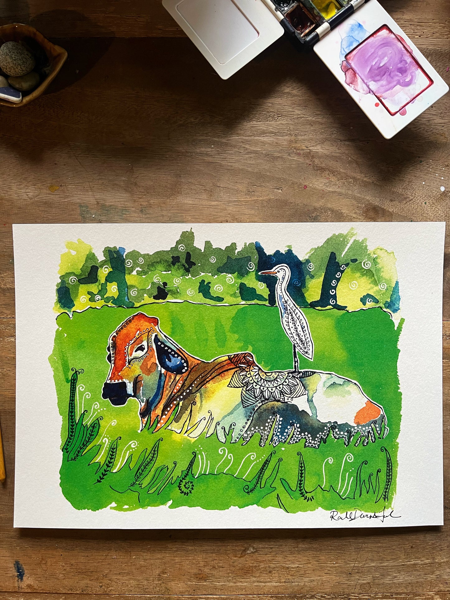 The Cow and the Egret- Watercolor and Ink Archival Print- Animal Illustration- Bird illustration