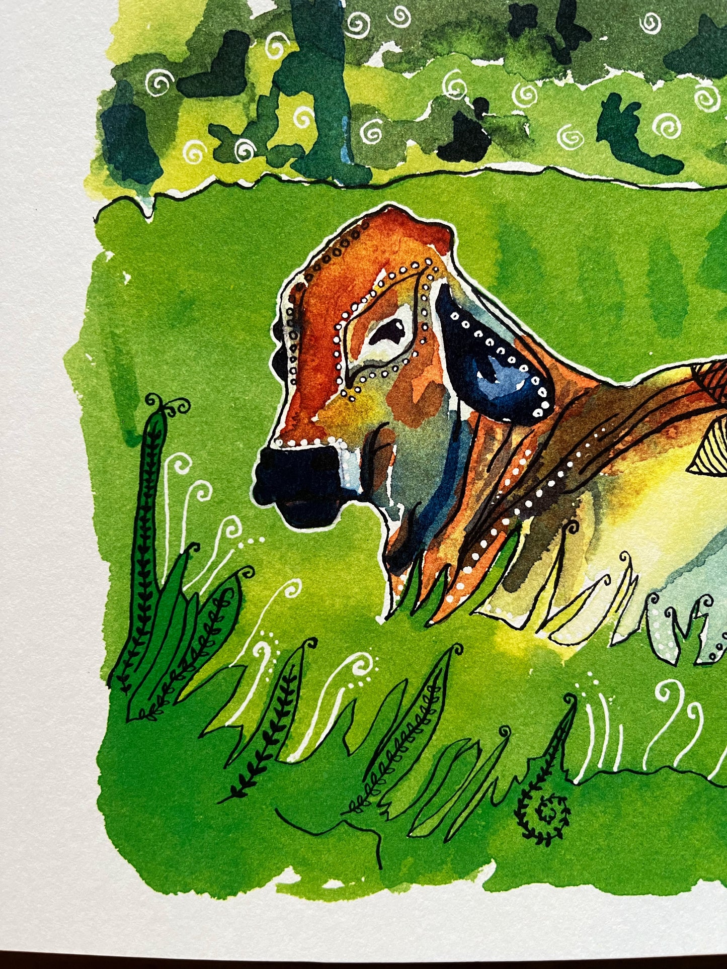 The Cow and the Egret- Watercolor and Ink Archival Print- Animal Illustration- Bird illustration