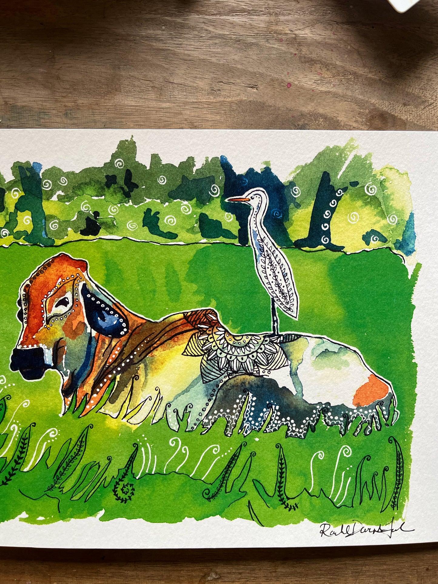 The Cow and the Egret- Watercolor and Ink Archival Print- Animal Illustration- Bird illustration