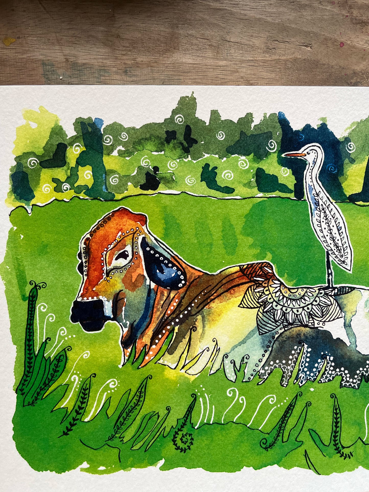 The Cow and the Egret- Watercolor and Ink Archival Print- Animal Illustration- Bird illustration