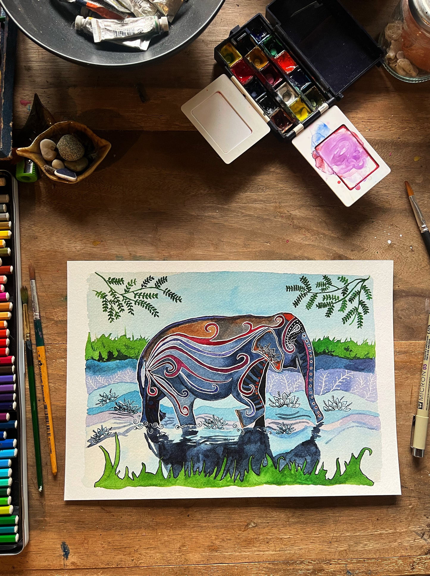 River Elephant: Watercolor and ink archival art print- animal illustration- giclee print