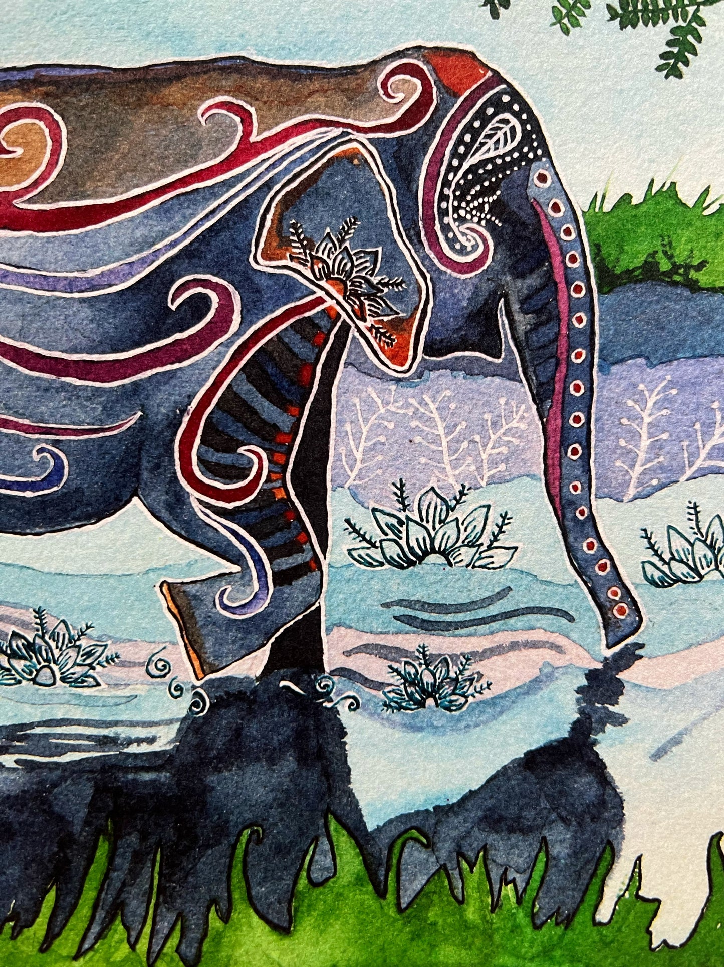 River Elephant: Watercolor and ink archival art print- animal illustration- giclee print