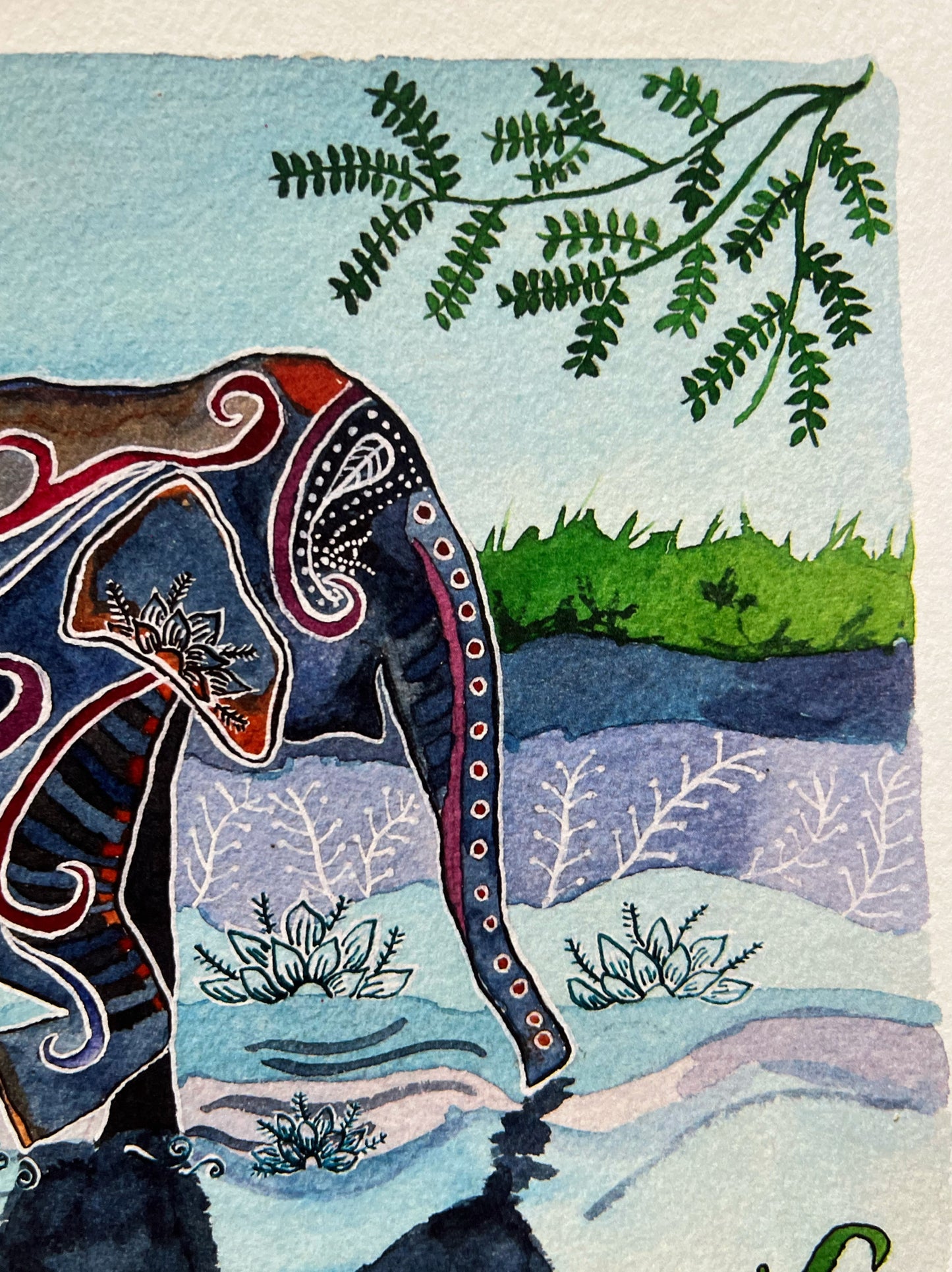 River Elephant: Watercolor and ink archival art print- animal illustration- giclee print