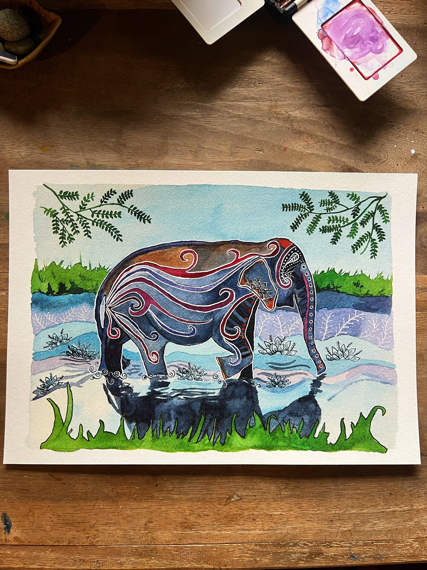 River Elephant: Watercolor and ink archival art print- animal illustration- giclee print