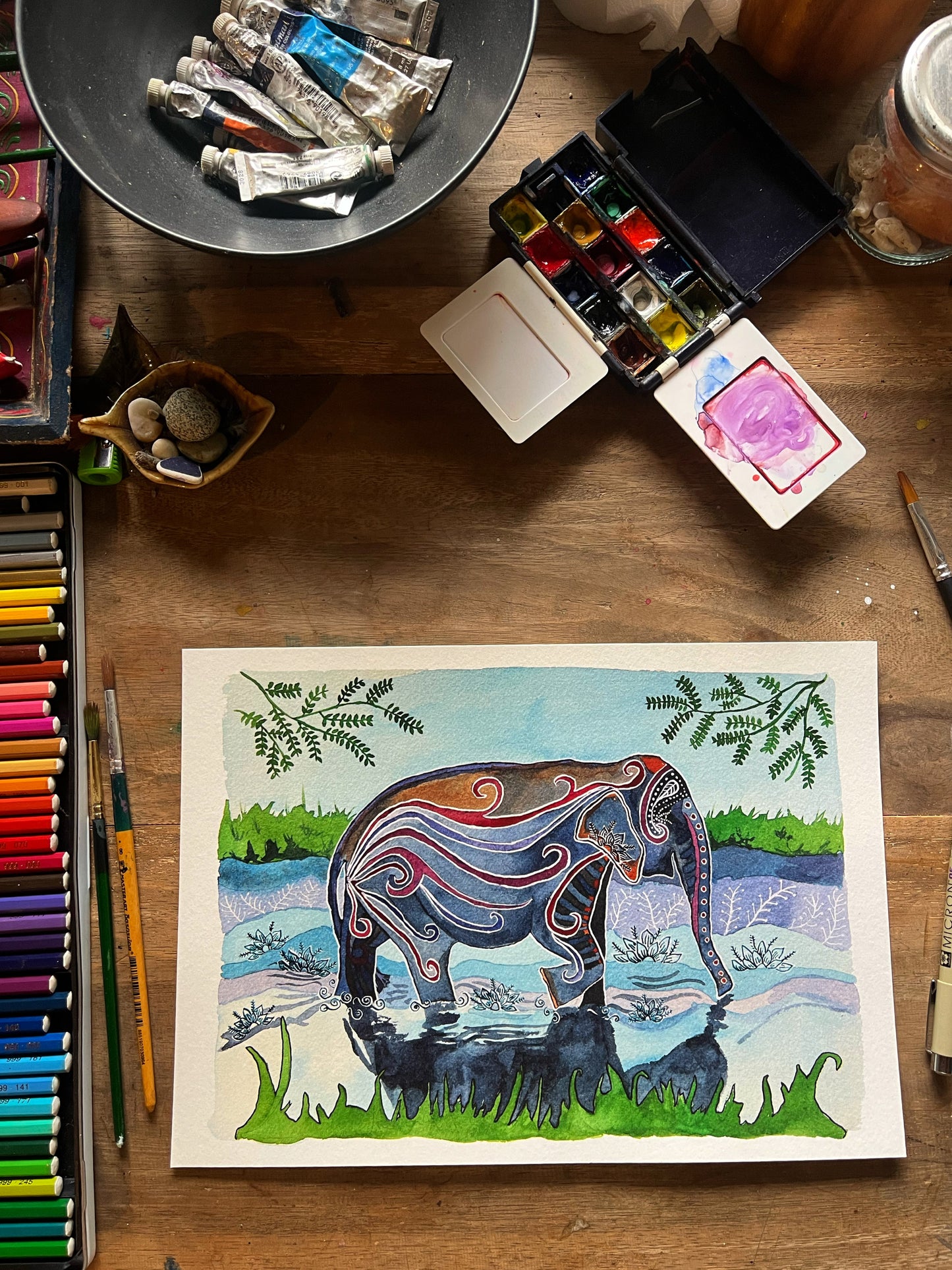 River Elephant: Watercolor and ink archival art print- animal illustration- giclee print