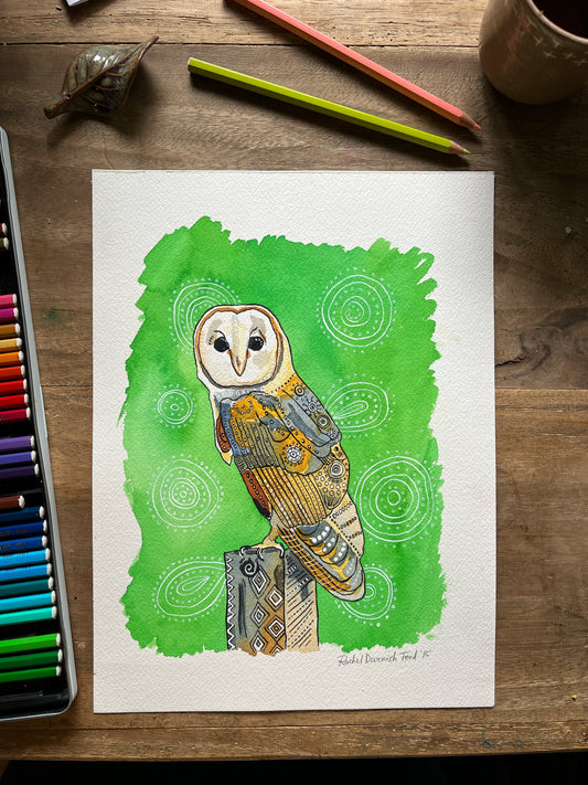 Barn Owl Original Painting- Bird art- Watercolor and ink Bird Illustration