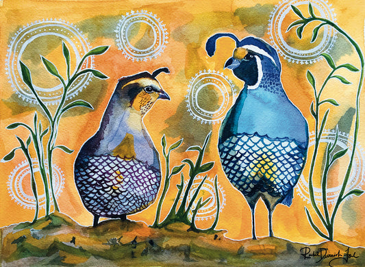 California Quail Couple - Watercolor and Ink Archival Print- Animal Illustration- Bird Illustration