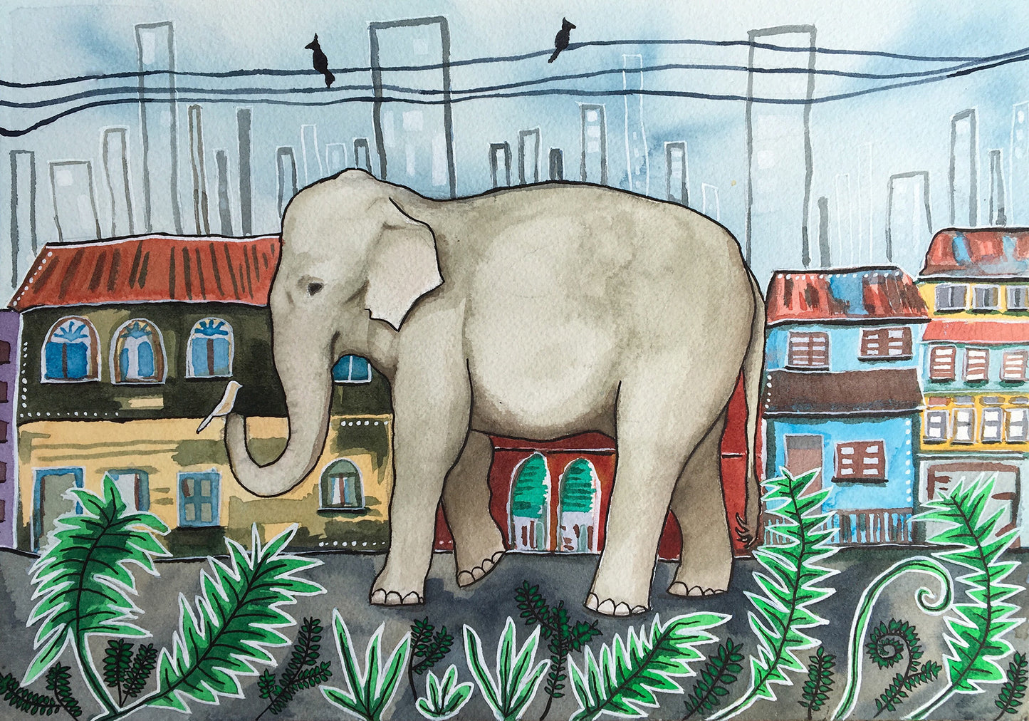 The Elephant Sees Change- Watercolor and Ink Giclee Print- Animal Illustration